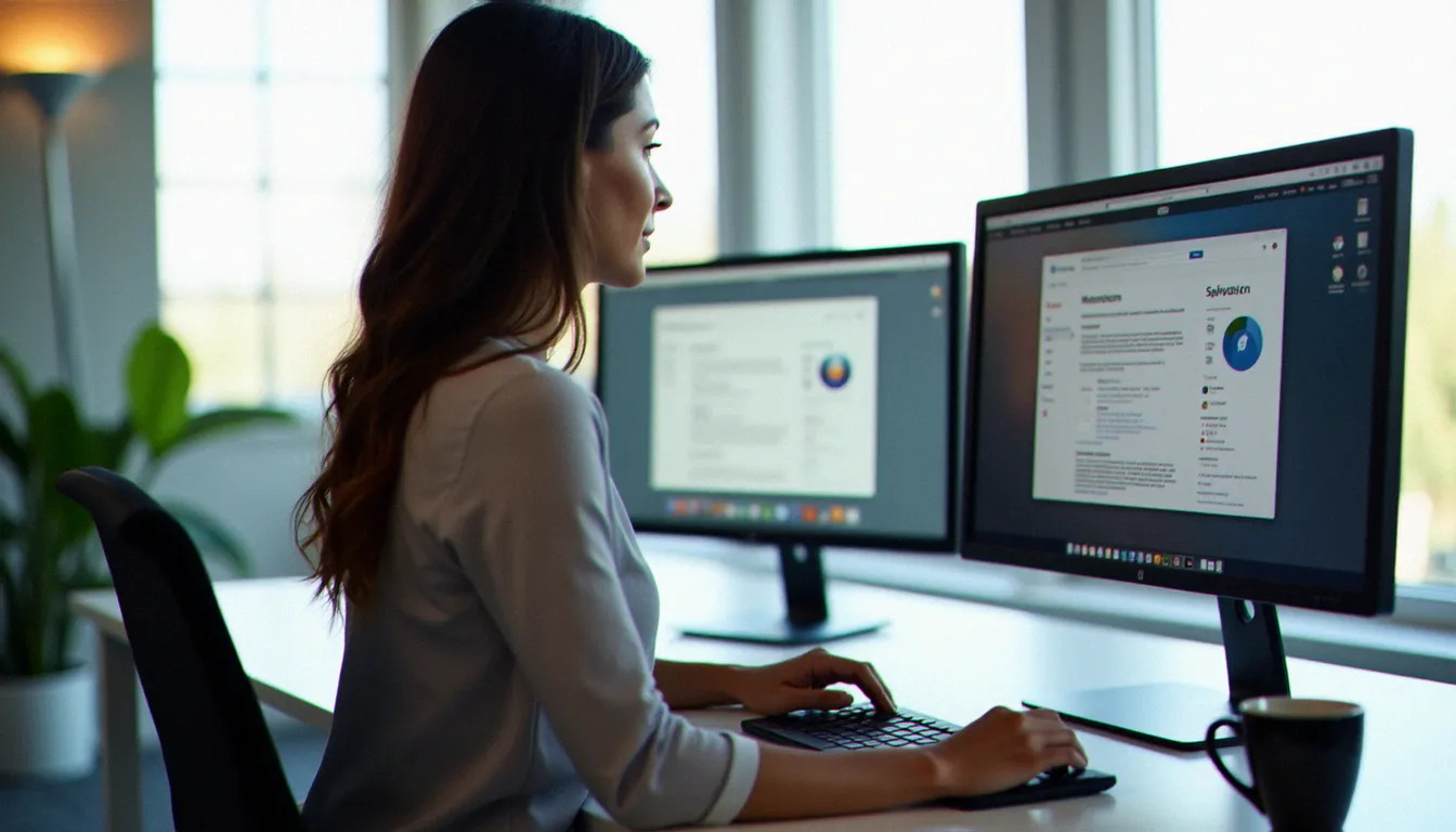 Utilisateur travaillant sur deux écrans synchronisés affichant le même navigateur Firefox, illustrant la synchronisation des préférences entre plusieurs appareils
