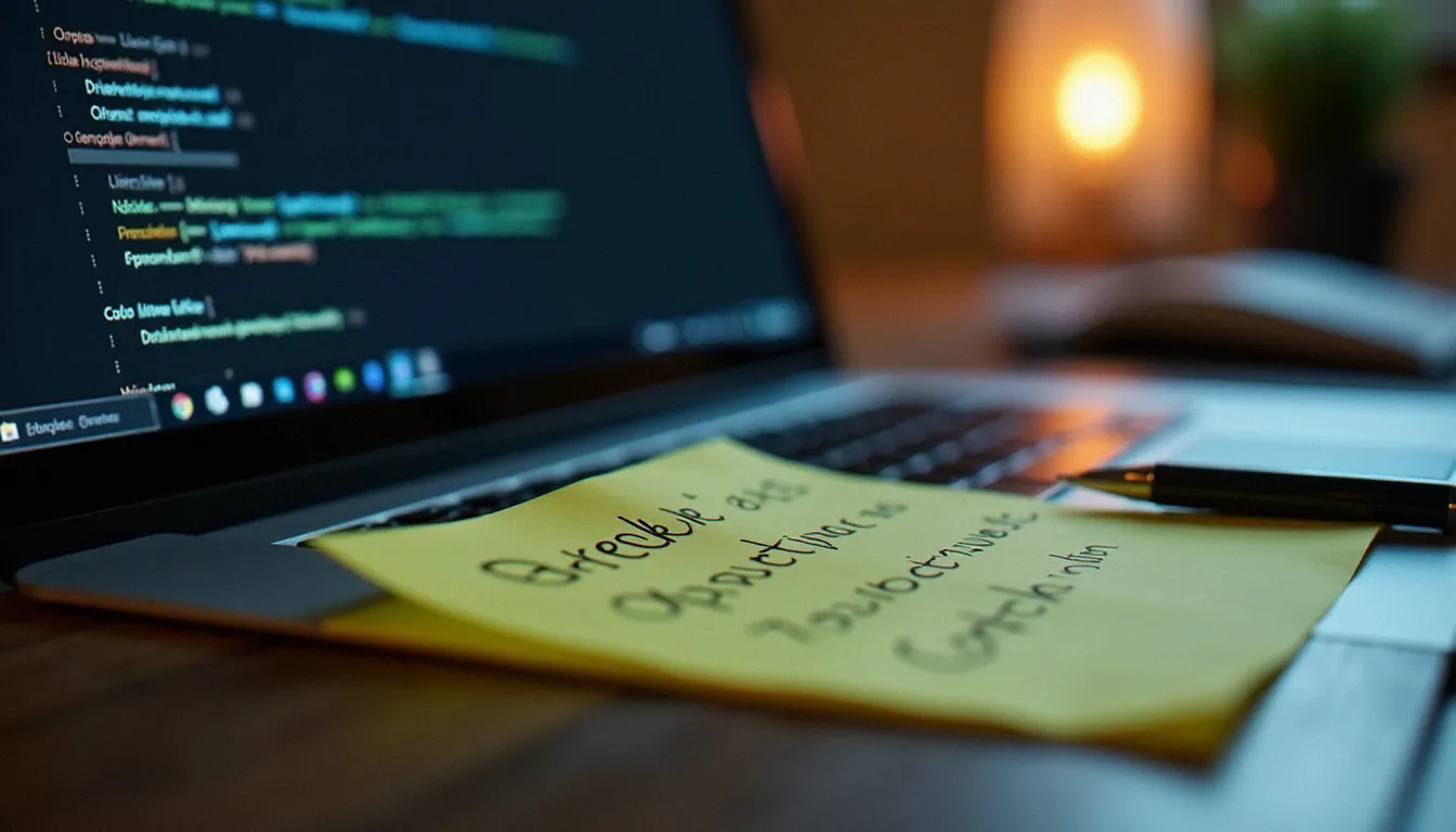 Liste manuscrite de préférences Firefox posée sur un bureau à côté d'un ordinateur portable, représentant les bonnes pratiques de documentation avant activation des paramètres avancés