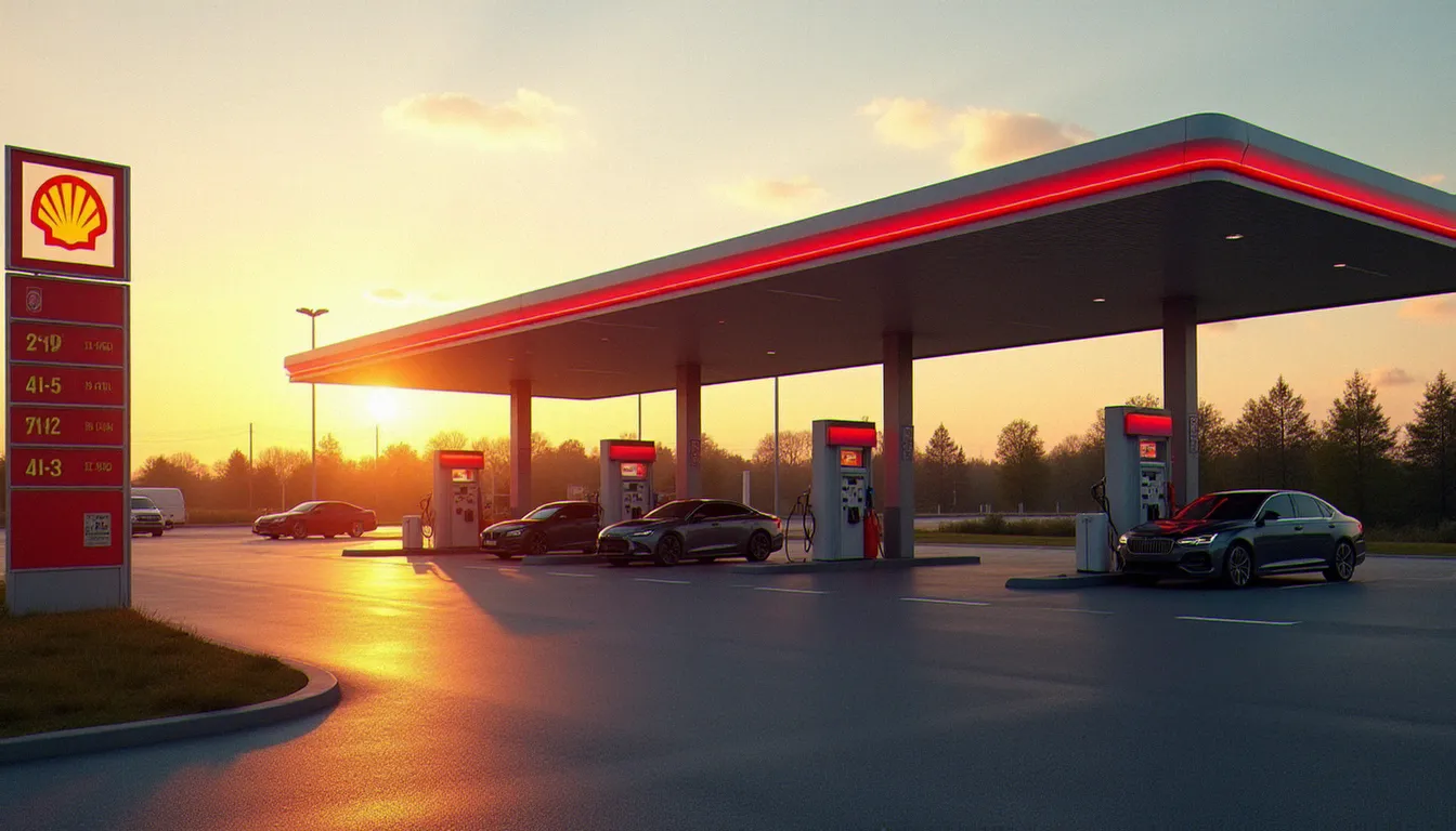 Vue d'ensemble d'une station service sur autoroute française proposant de l'AdBlue, avec plusieurs ilots de pompes et des véhicules en cours de ravitaillement