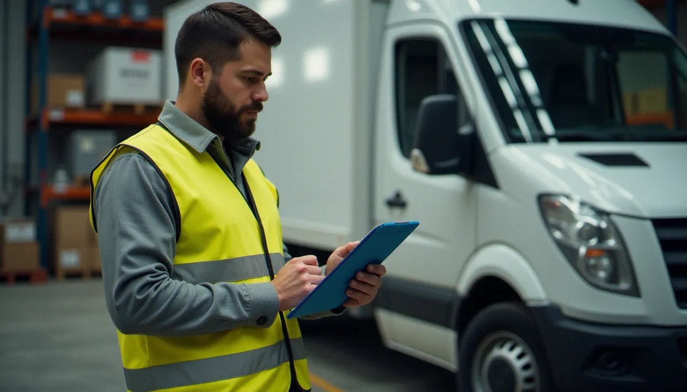 Gestionnaire de flotte professionnelle vérifiant le carnet d'entretien d'un utilitaire blanc, incluant le suivi de la consommation d'AdBlue