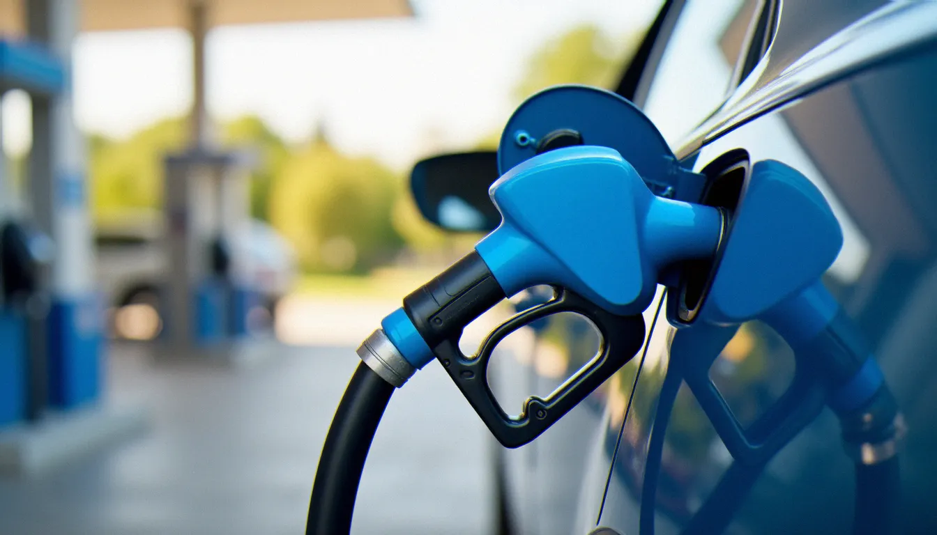 Pistolet de pompe AdBlue bleu inséré dans le bouchon de remplissage d'une voiture dans une station service avec AdBlue en France