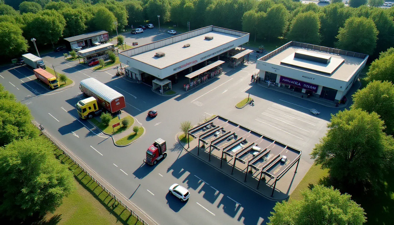 Vue aérienne d'une aire de service autoroutière française avec pompes à carburant et bâtiment de services, représentant les stations services avec douches sur les grands axes