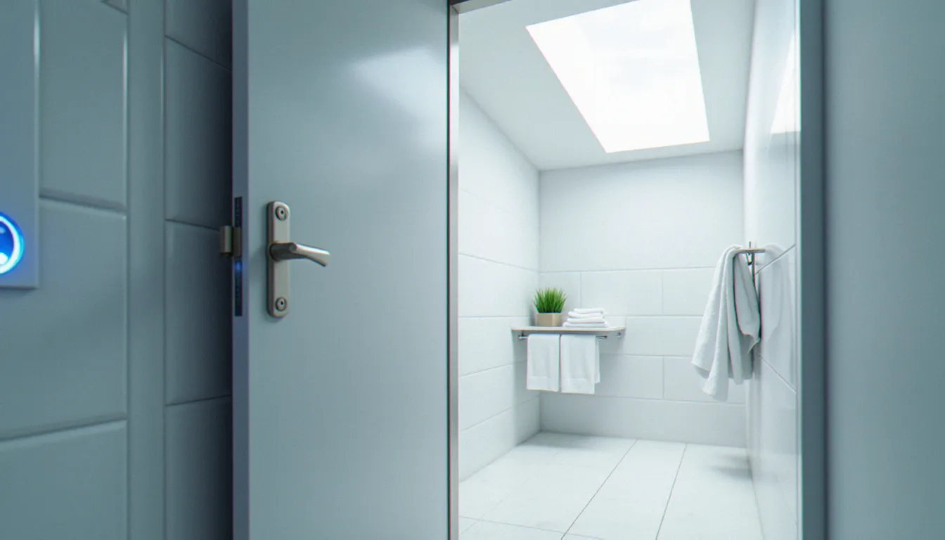 Cabine de douche propre et moderne dans une station service autoroutière, avec serviettes blanches et porte entrouverte