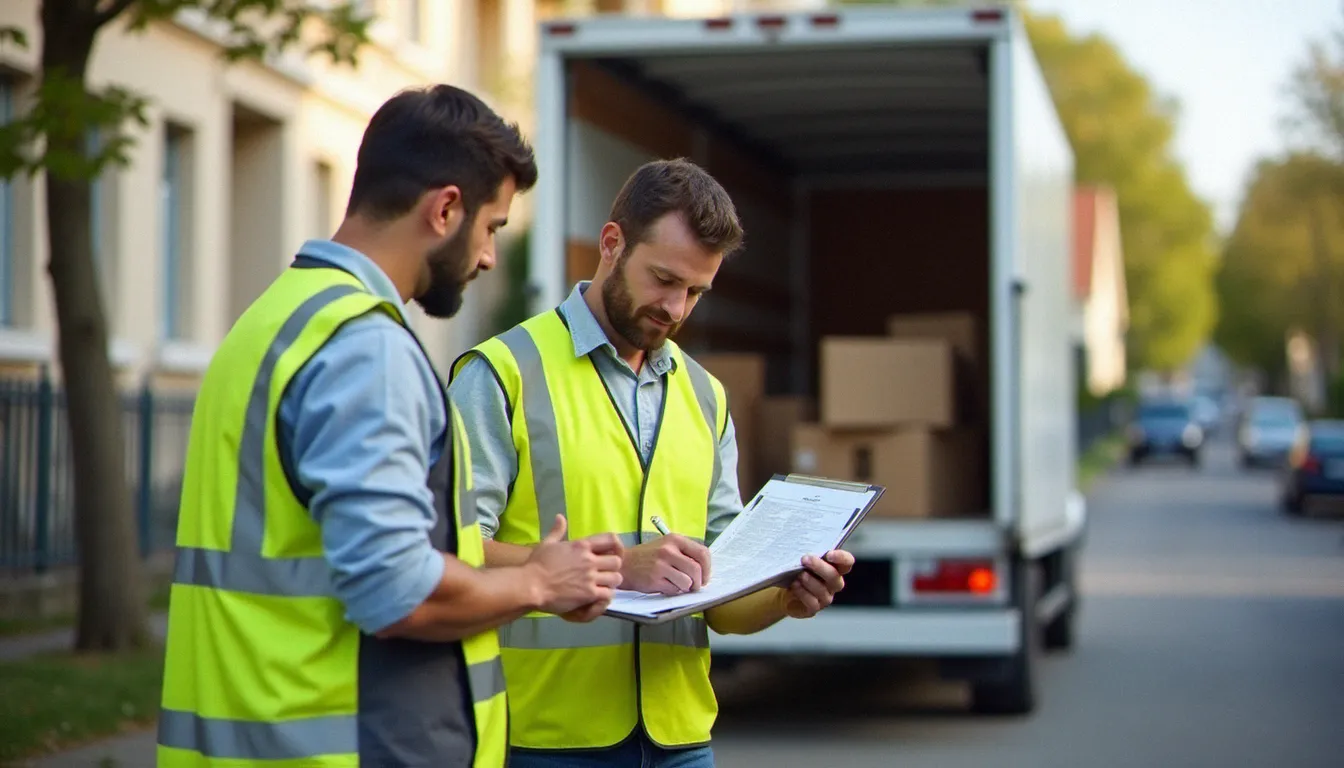 Deux déménageurs professionnels vérifiant un contrat de prestation avant le départ du camion de transport, liste de contrôle en main