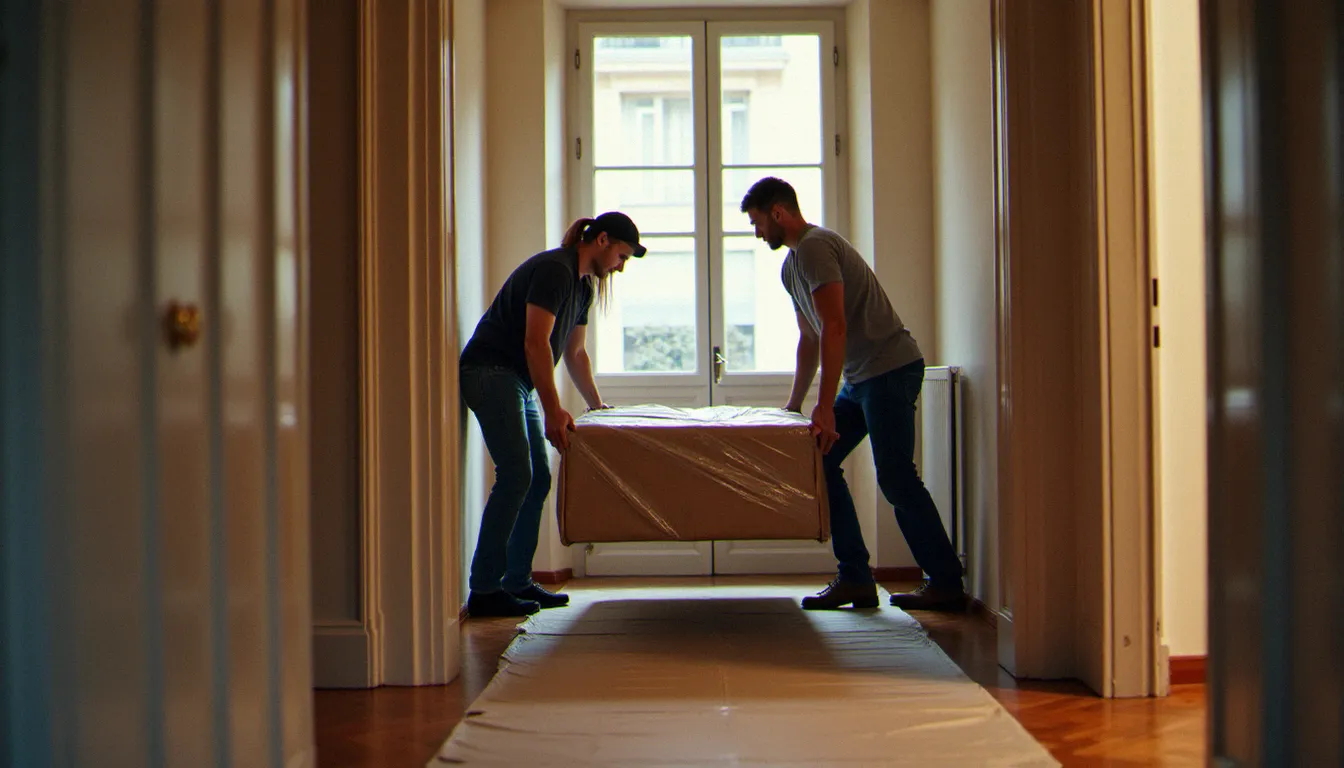 Une équipe de transporteurs professionnels portant un canapé emballé dans le couloir d'un immeuble avec protection de sol en carton installée sur le parquet