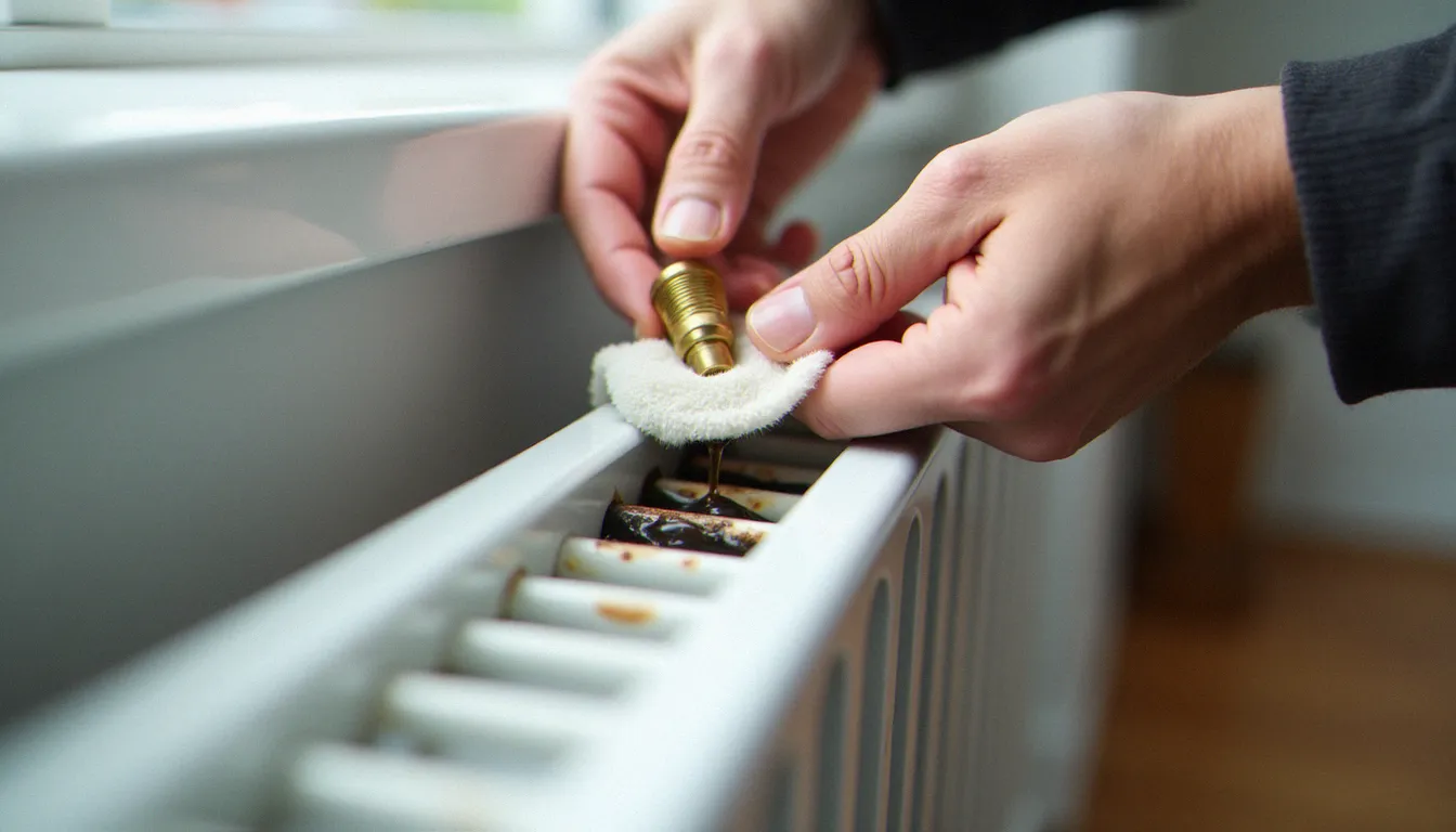 Purge d'un radiateur à eau par un technicien, avec écoulement d'eau rouillée indiquant un circuit de chauffage encrassé nécessitant une vidange