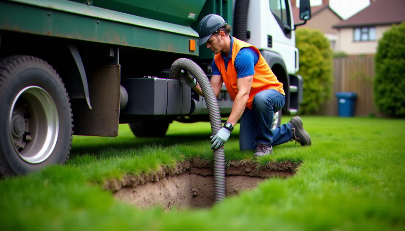 Camion de vidange professionnelle connecté à une fosse septique dans un jardin résidentiel, intervention réglementaire par un opérateur agréé