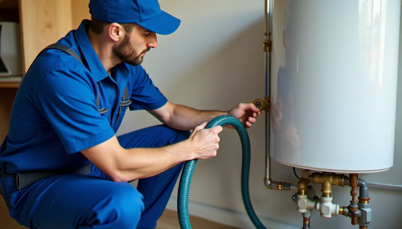 Technicien professionnel réalisant une vidange efficace services sur un chauffe-eau électrique dans une chaufferie moderne