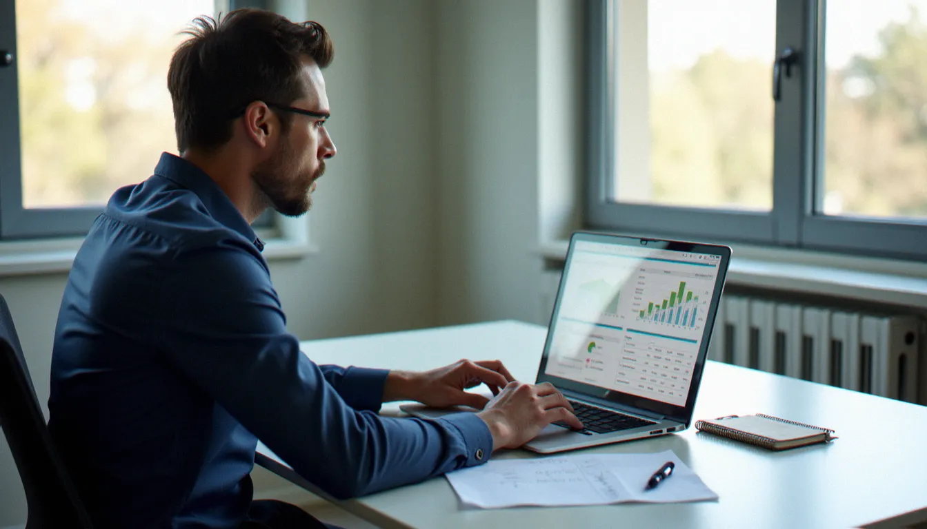 Dirigeant d'entreprise consultant des tableaux de bord de services comptables efficaces sur ordinateur portable dans un bureau moderne