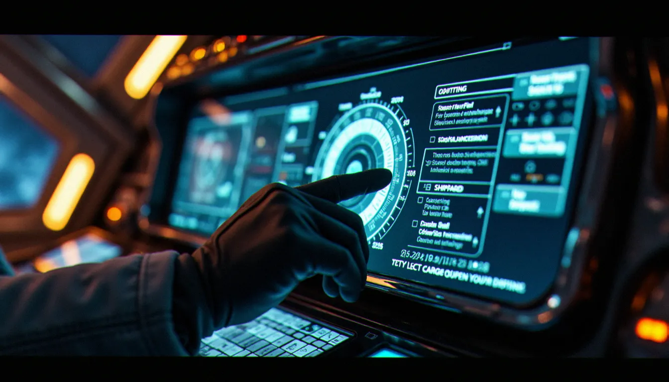 Vue du cockpit d'un vaisseau spatial avec menu de sélection des elite dangerous services affiché sur interface holographique