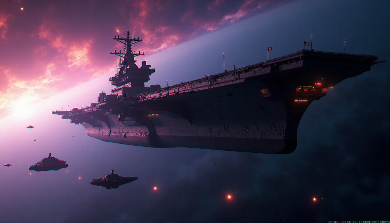 Fleet Carrier de type elite dangerous services en orbite devant une nébuleuse, avec plusieurs vaisseaux en approche de ses plateformes de service actives