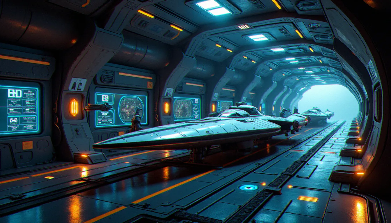 Interface de services avancés dans une station spatiale de type elite dangerous services, avec vaisseau en maintenance et écrans holographiques