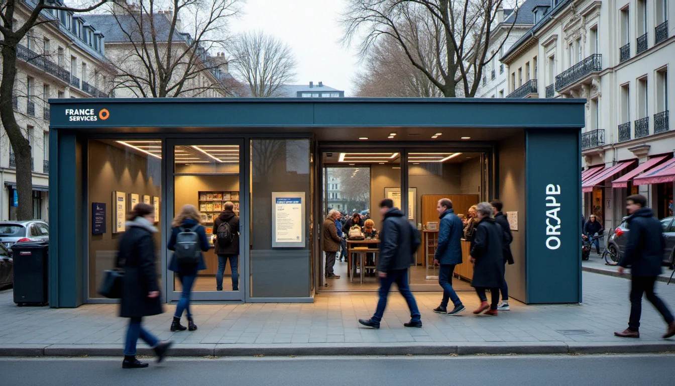Entrée d'un espace France Services dans un quartier parisien, avec des usagers se rendant au guichet de services publics