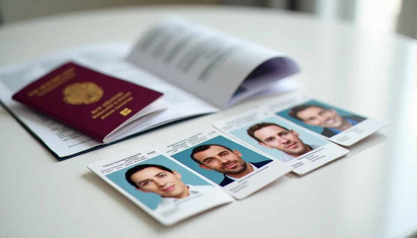 Quatre photos d'identité conformes posées à côté d'un formulaire de renouvellement de titre d'identité, illustrant les exigences des france services photos