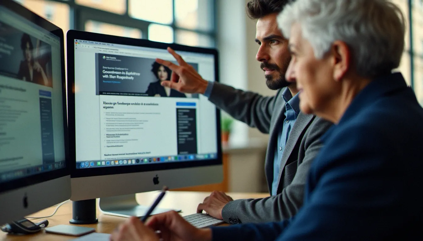 Agent France Services accompagnant une personne âgée dans l'utilisation des services administratifs en ligne sur un poste informatique