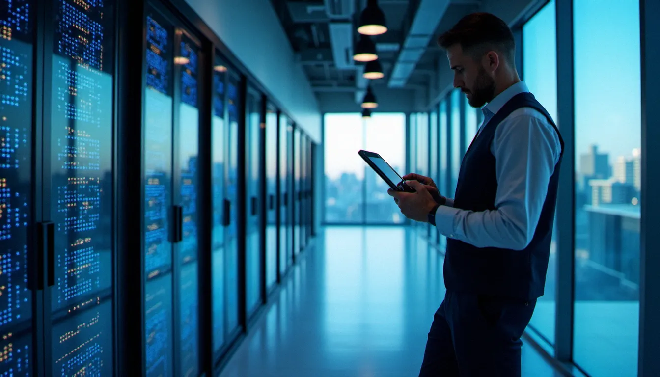 Salle de serveurs cloud moderne dans un immeuble professionnel, illustrant les meilleurs services cloud disponibles pour les entreprises