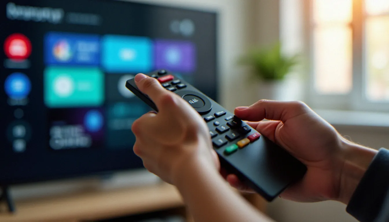Mains tenant une télécommande face à un écran de sélection de chaînes IPTV sur une smart TV