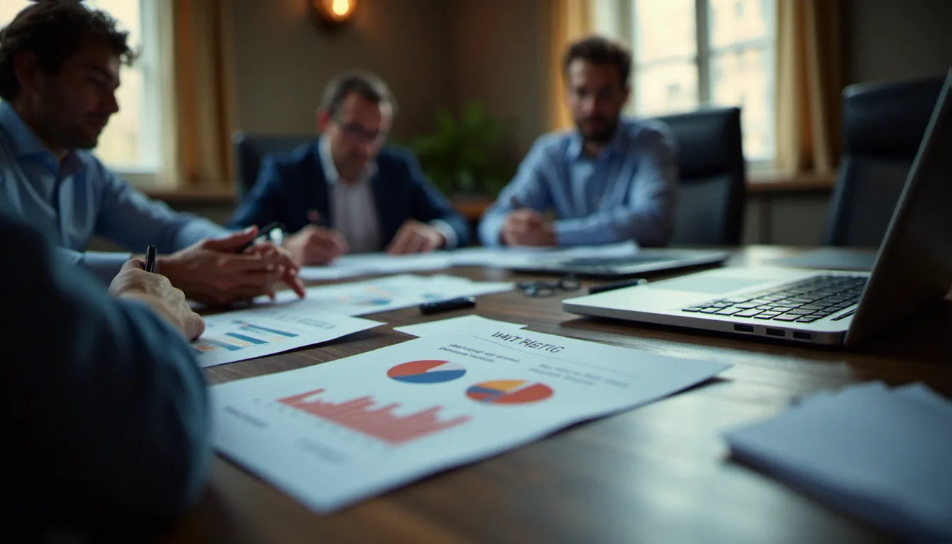 Équipe de prestataires de services réunie autour d'une table pour réviser leurs procédures qualité et indicateurs de performance
