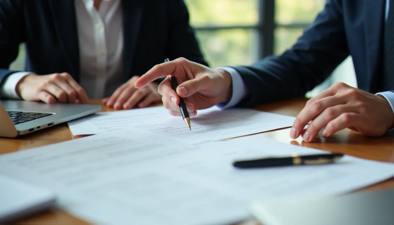 Professionnel et client examinant un contrat de property services, illustrant le processus de sélection d'un prestataire habitat