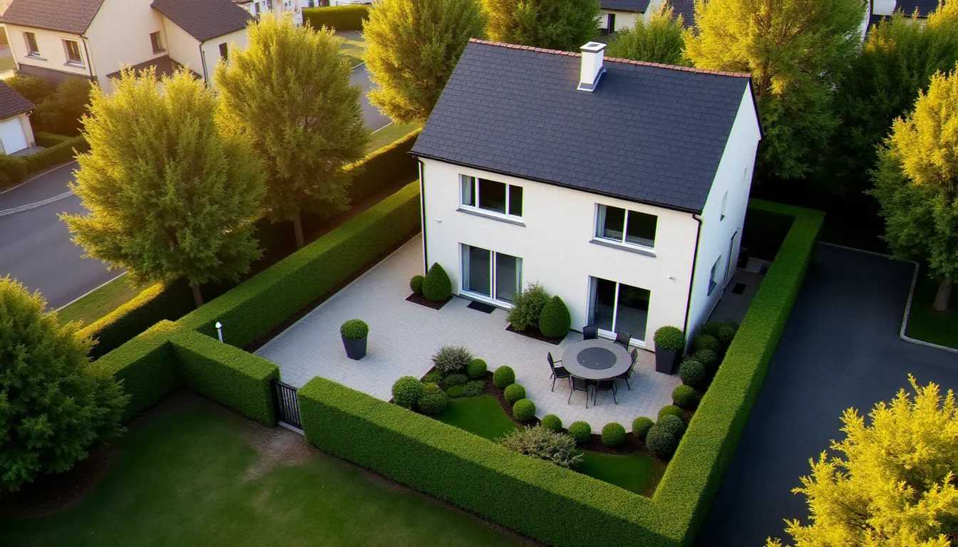 Vue aérienne d'une maison française avec jardin entretenu, illustrant la valorisation d'un bien grâce aux property services réguliers