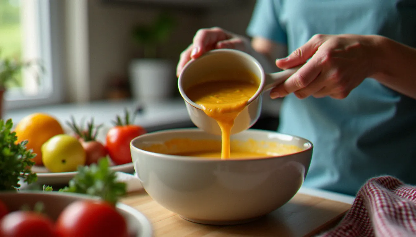 Préparation d'un bol de soupe chaude par une auxiliaire de vie dans une cuisine à domicile, étape clé du service avec bol