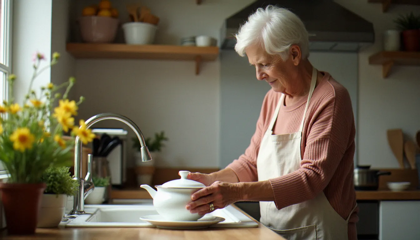 Entretien soigneux d'une soupière en porcelaine blanche dans une cuisine française, illustrant les bonnes pratiques de conservation d'un service avec soupière