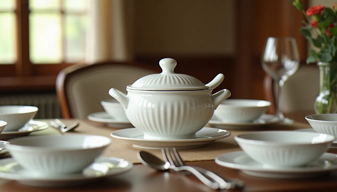 Service de table complet avec soupière en porcelaine blanche posée au centre d'une table élégamment dressée, illustrant un service avec soupière de qualité
