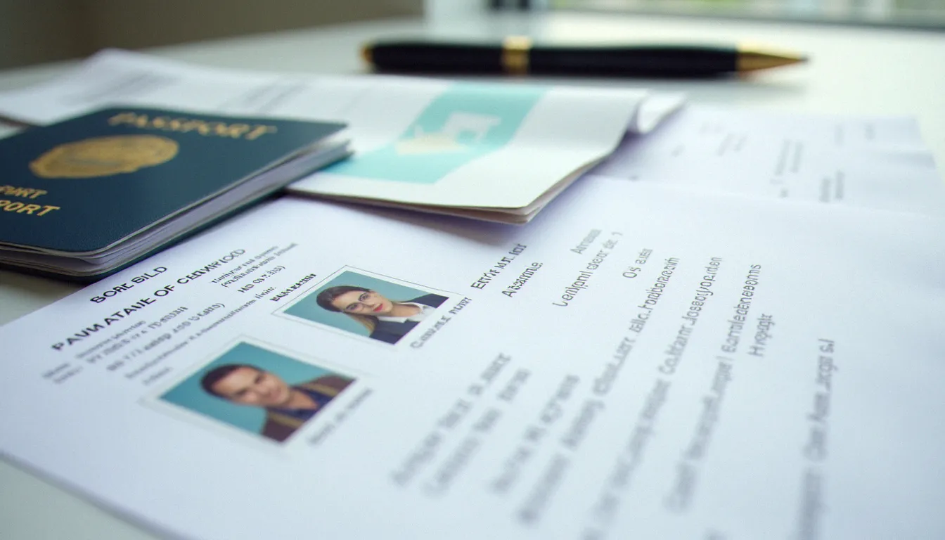 Dossier complet pour demande biométrique Algérie posé sur un bureau : passeport, CNIB, justificatif de domicile et photos réglementaires