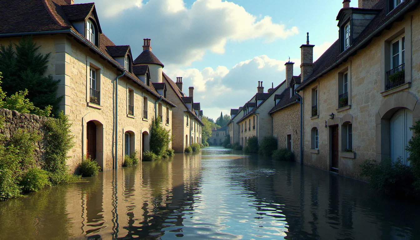 Rue de village français inondée après de fortes pluies, illustrant le risque naturel d'inondation dans les zones classées par le service danger naturel