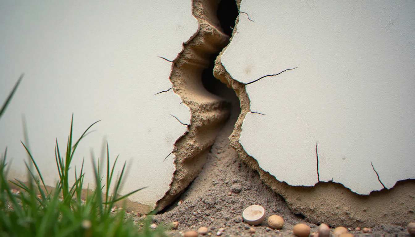 Fissures structurelles sur la façade d'une maison individuelle causées par le phénomène de retrait-gonflement des argiles, un risque naturel fréquent en France