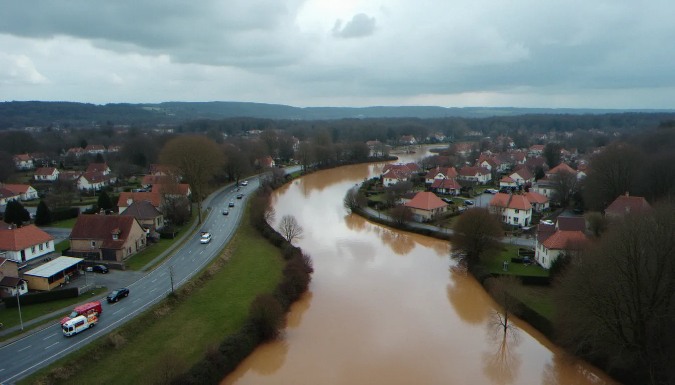 Village français partiellement inondé par une crue de rivière, illustrant les dangers naturels auxquels sont exposées de nombreuses communes en France