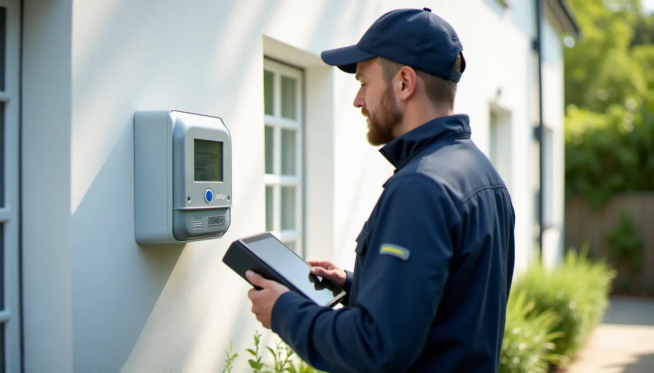 Technicien en tenue professionnelle consultant un compteur Linky lors d'une intervention pour rétablissement de service effet coupé