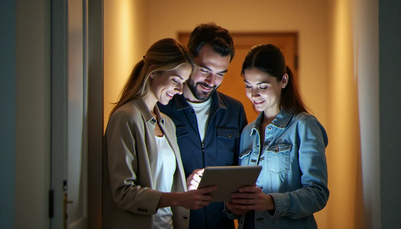 Prestataire de service expliquant les effets latéraux d'une intervention à un couple de clients dans leur couloir