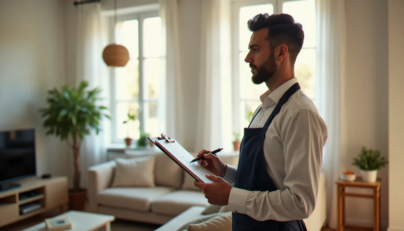 Conseiller en services à domicile évaluant les effets d'un service effet latéral dans un salon organisé et lumineux