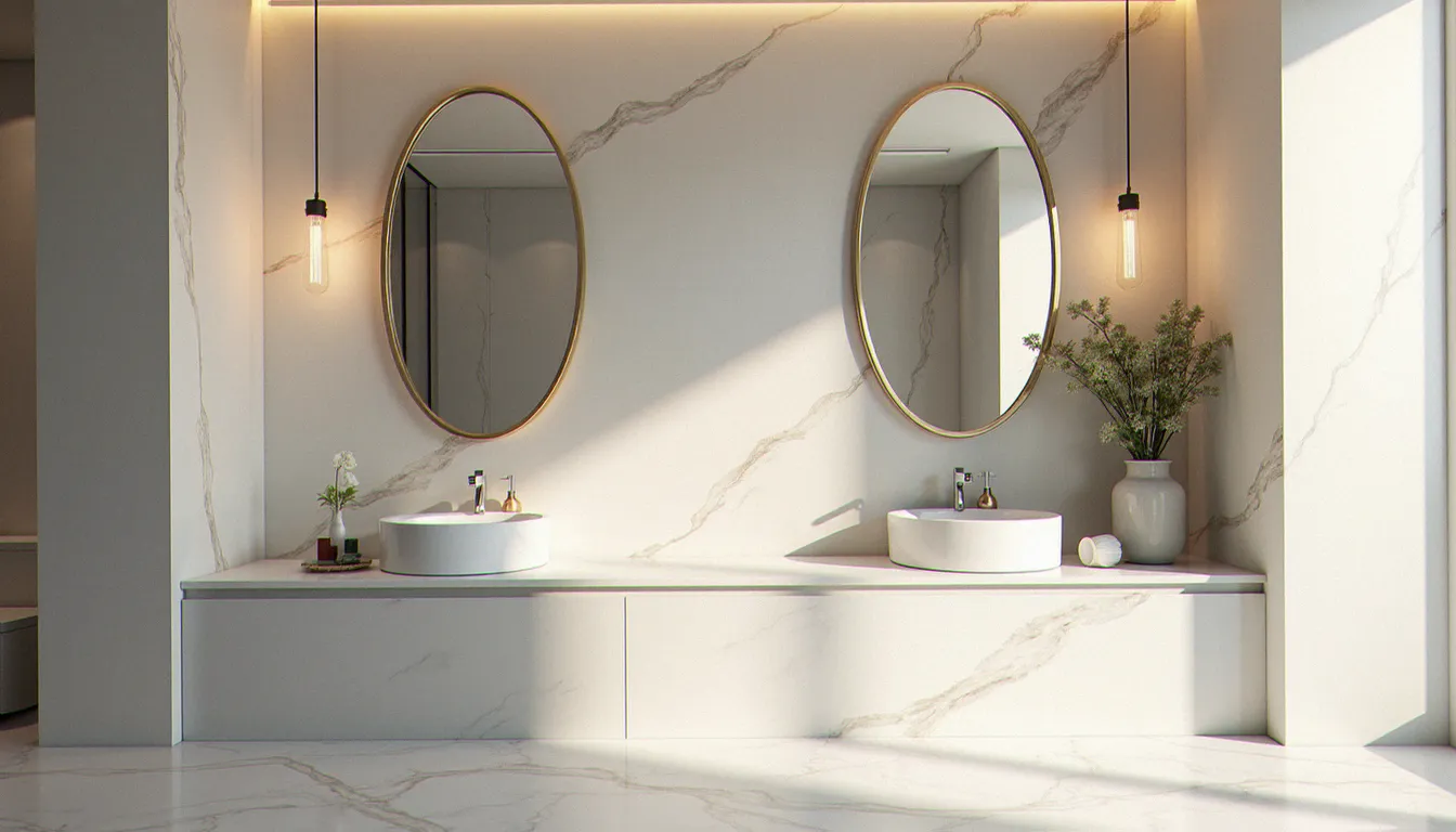 Salle de bain moderne avec revêtement effet marbre Carrare sur les murs, finition stucco veneziano poli