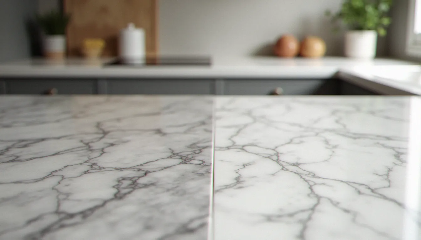 Comparaison entre un plan de travail en marbre naturel et une surface avec finition effet marbre peint en cuisine contemporaine