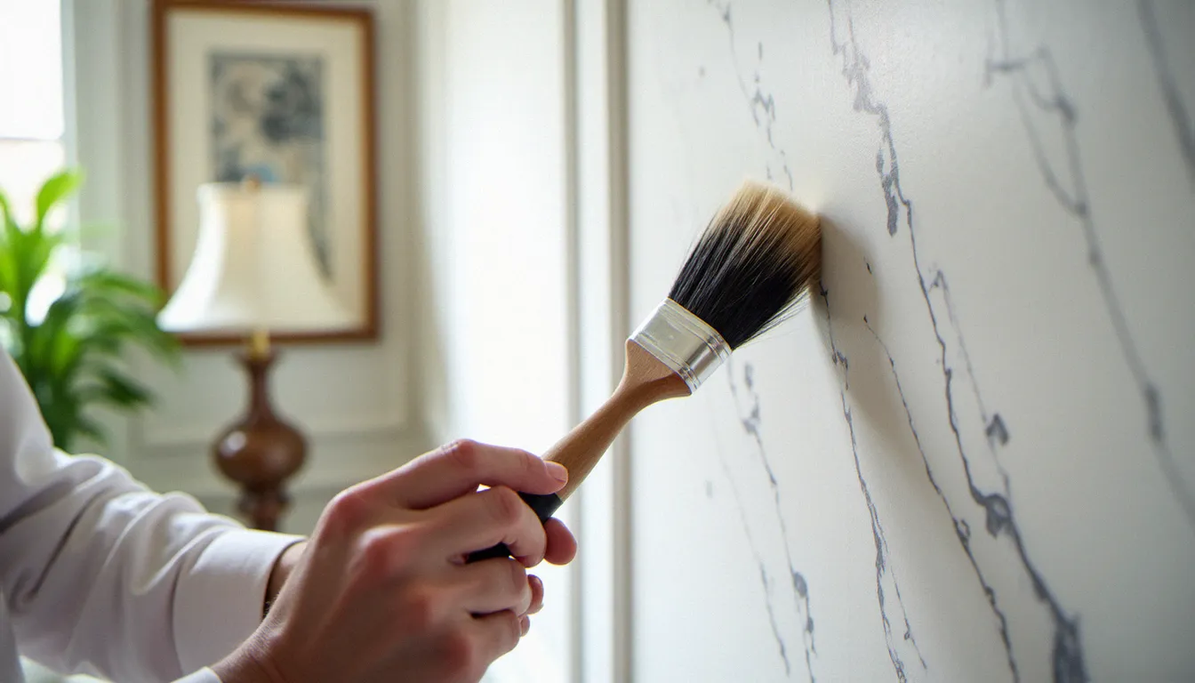 Artisan professionnel appliquant un service effet marbre sur un mur intérieur blanc avec une plume de peintre décorative