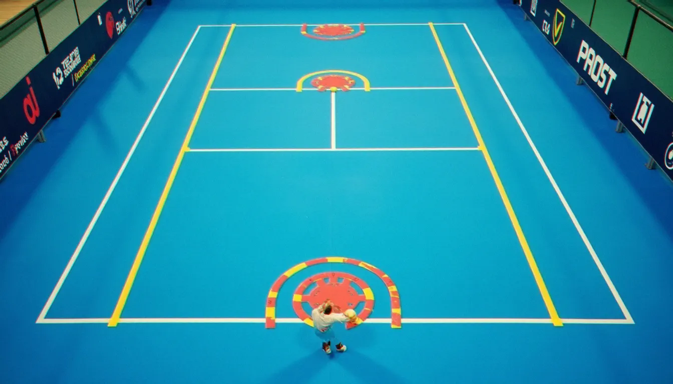 Vue aérienne d'un court de padel avec zones de service marquées au sol pour l'entraînement au placement