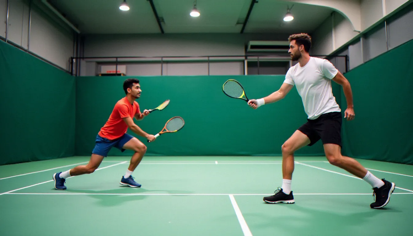 Deux joueurs de padel en exercice de service et retour sur court intérieur, illustrant la progression technique au service