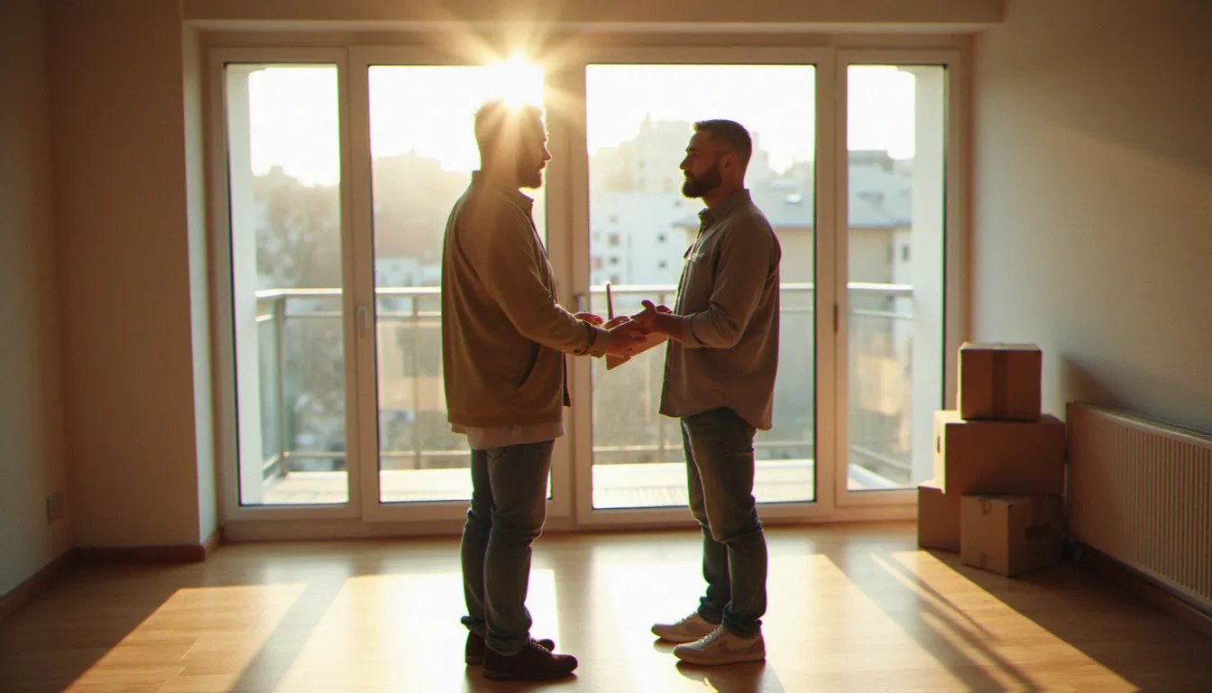 Conseiller habitat accompagnant un couple lors de leur retour en France après une période d'expatriation, inspection du logement avant installation