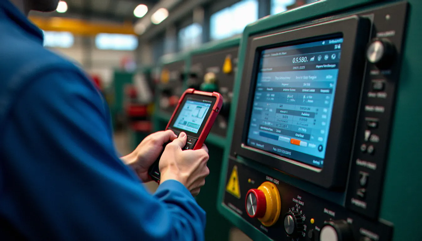 Technicien utilisant un outil de diagnostic numérique lors d'une intervention de service guide sur équipement industriel