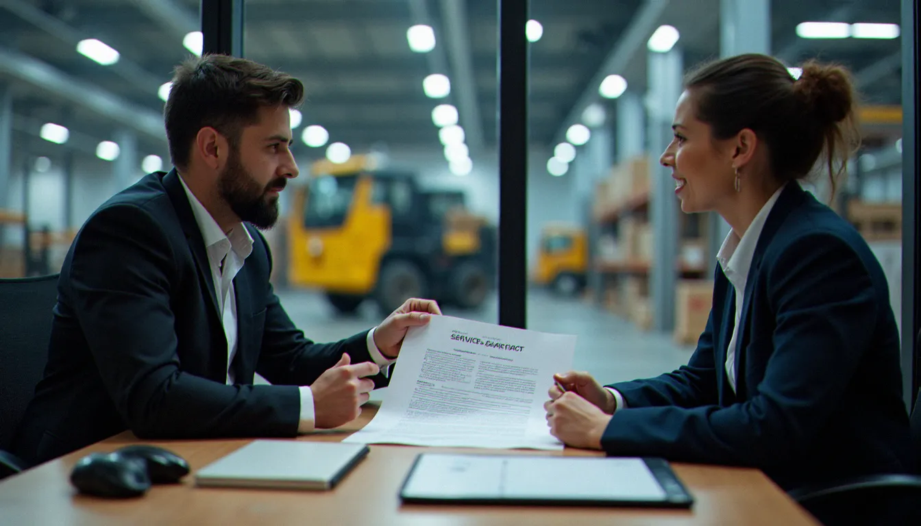 Conseiller en service guide présentant un contrat de maintenance adapté à un responsable d'entrepôt lors d'une consultation professionnelle