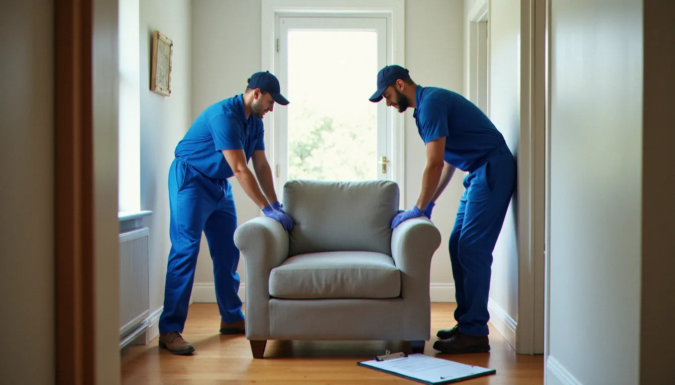 Déménageurs professionnels emballant soigneusement un fauteuil dans une entrée d'appartement lors d'un service guide de déménagement
