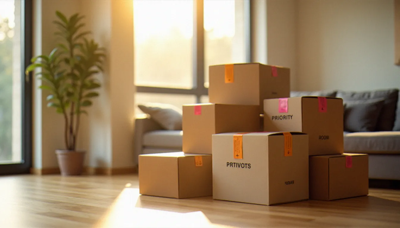 Cartons de déménagement organisés et étiquetés par pièce dans un salon vide, illustrant la préparation structurée d'un service guide UPS