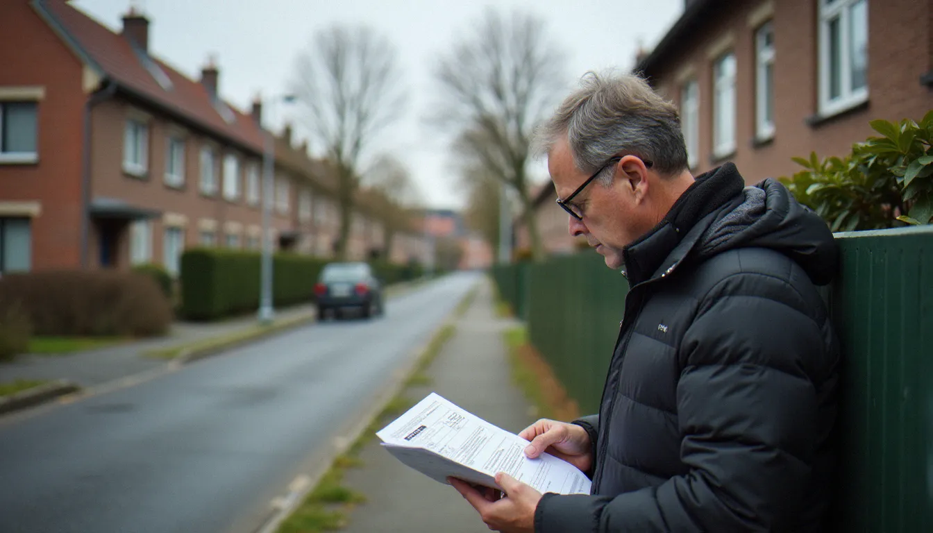 Habitant de Colfontaine consultant un avis d'imposition du service recette devant son domicile dans une rue résidentielle wallonne