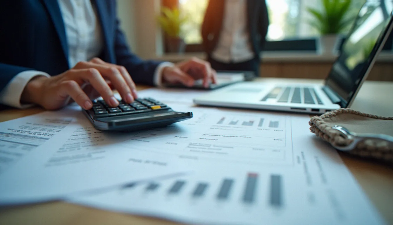 Personne examinant ses documents fiscaux liés au service recette de Nouvelle-Calédonie avec calculatrice et ordinateur portable