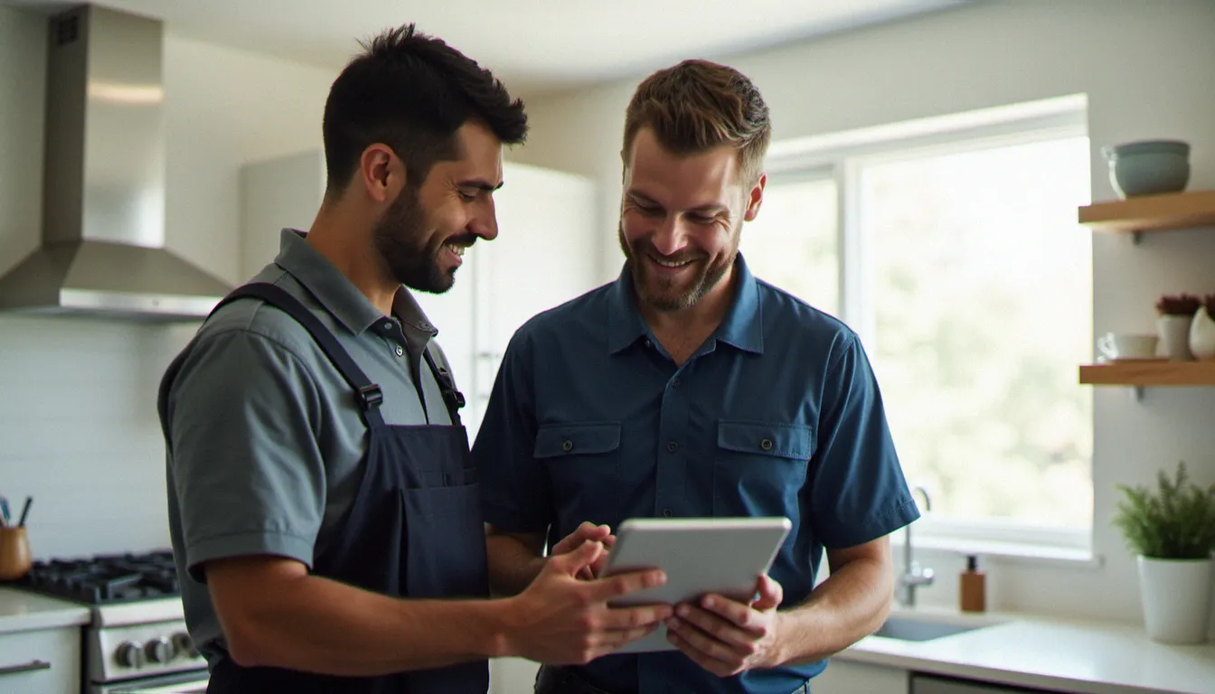 Particulier et prestataire de service vérifiant ensemble le procès-verbal de recette sur une tablette numérique dans une cuisine moderne