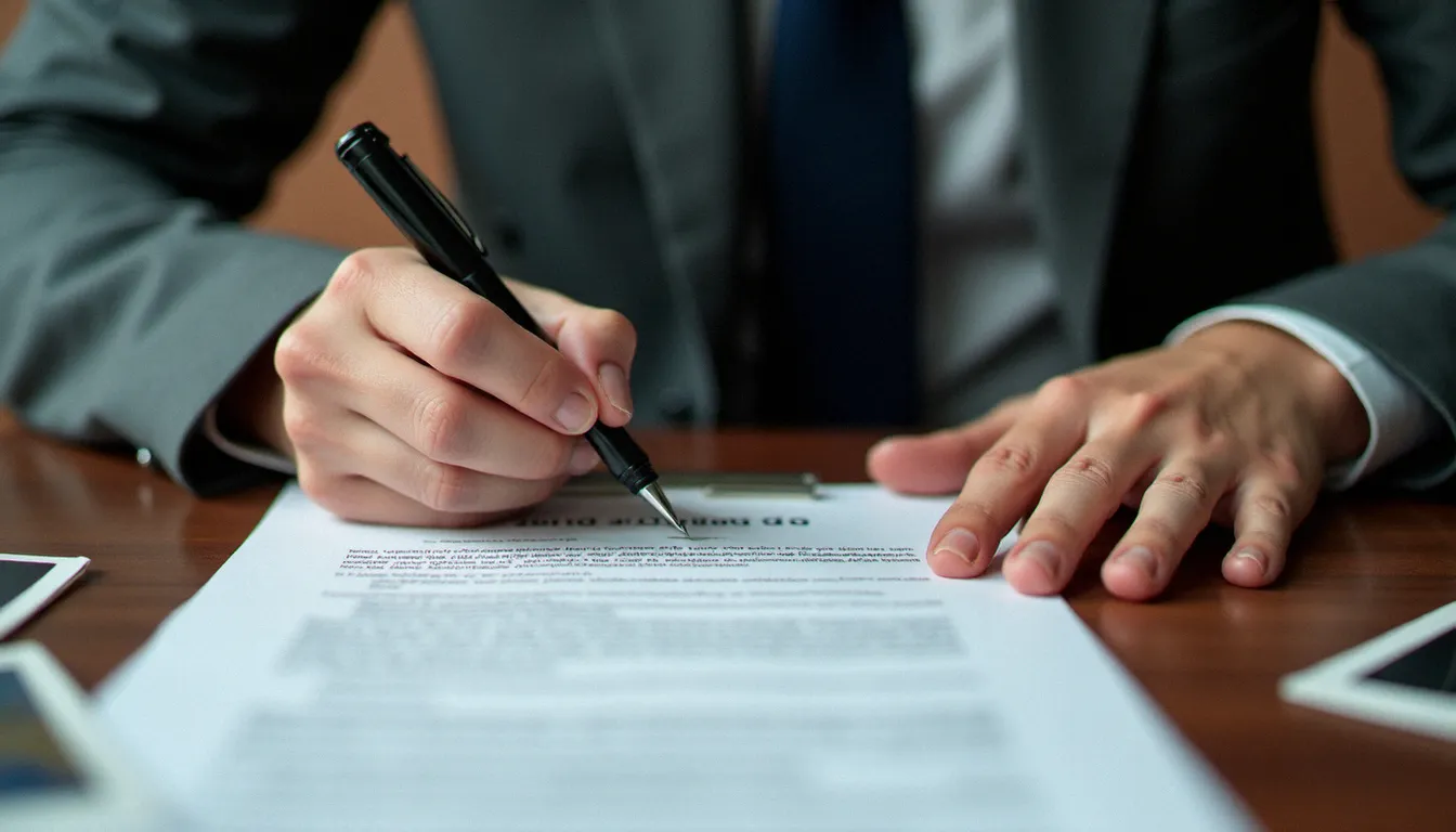 Rédaction manuscrite de réserves sur un formulaire de recette de service, avec contrat et photos de prestation posés sur un bureau en bois