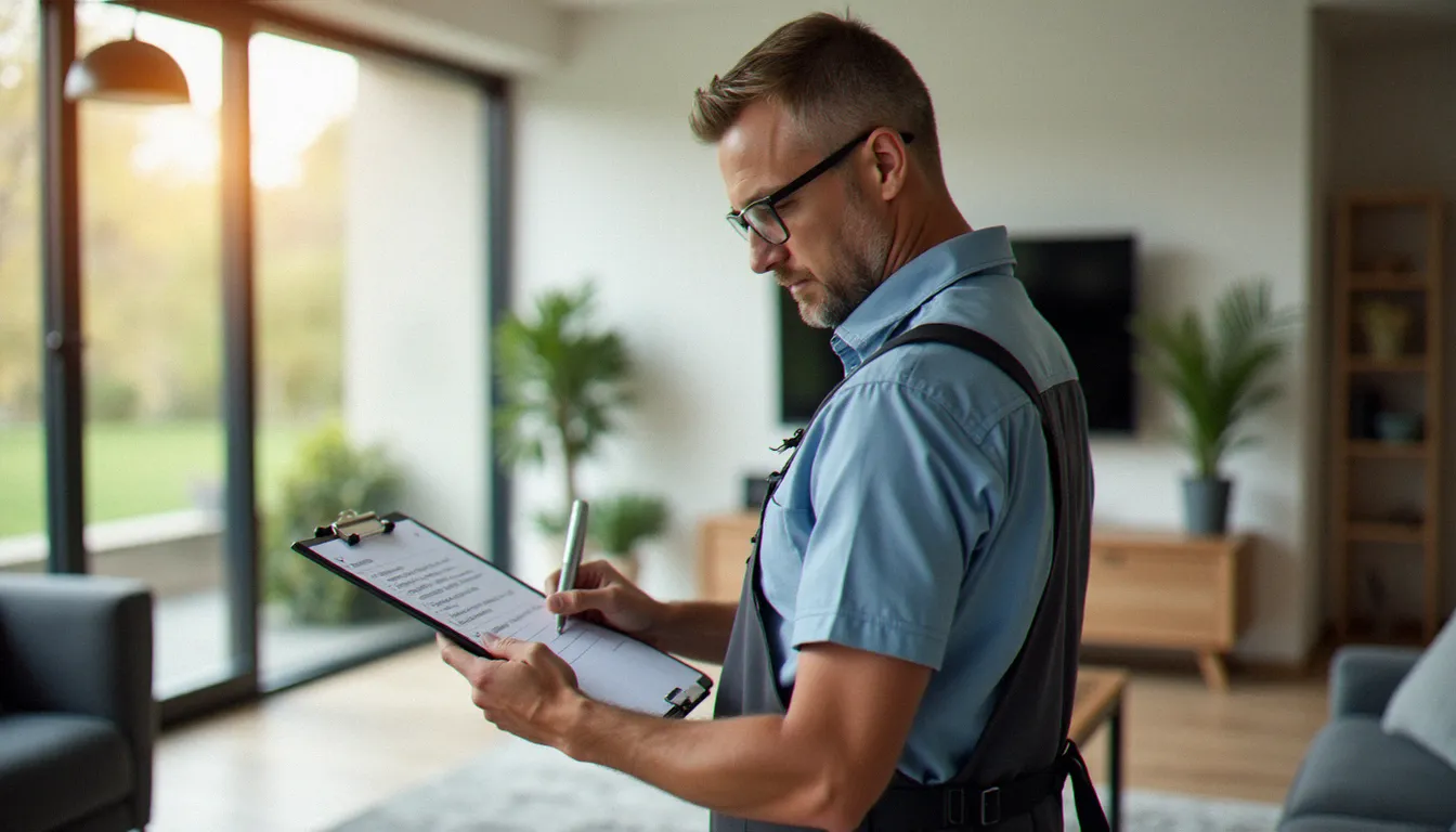 Professionnel effectuant une inspection de service recette dans un salon moderne à Waterloo, checklist à la main en lumière naturelle