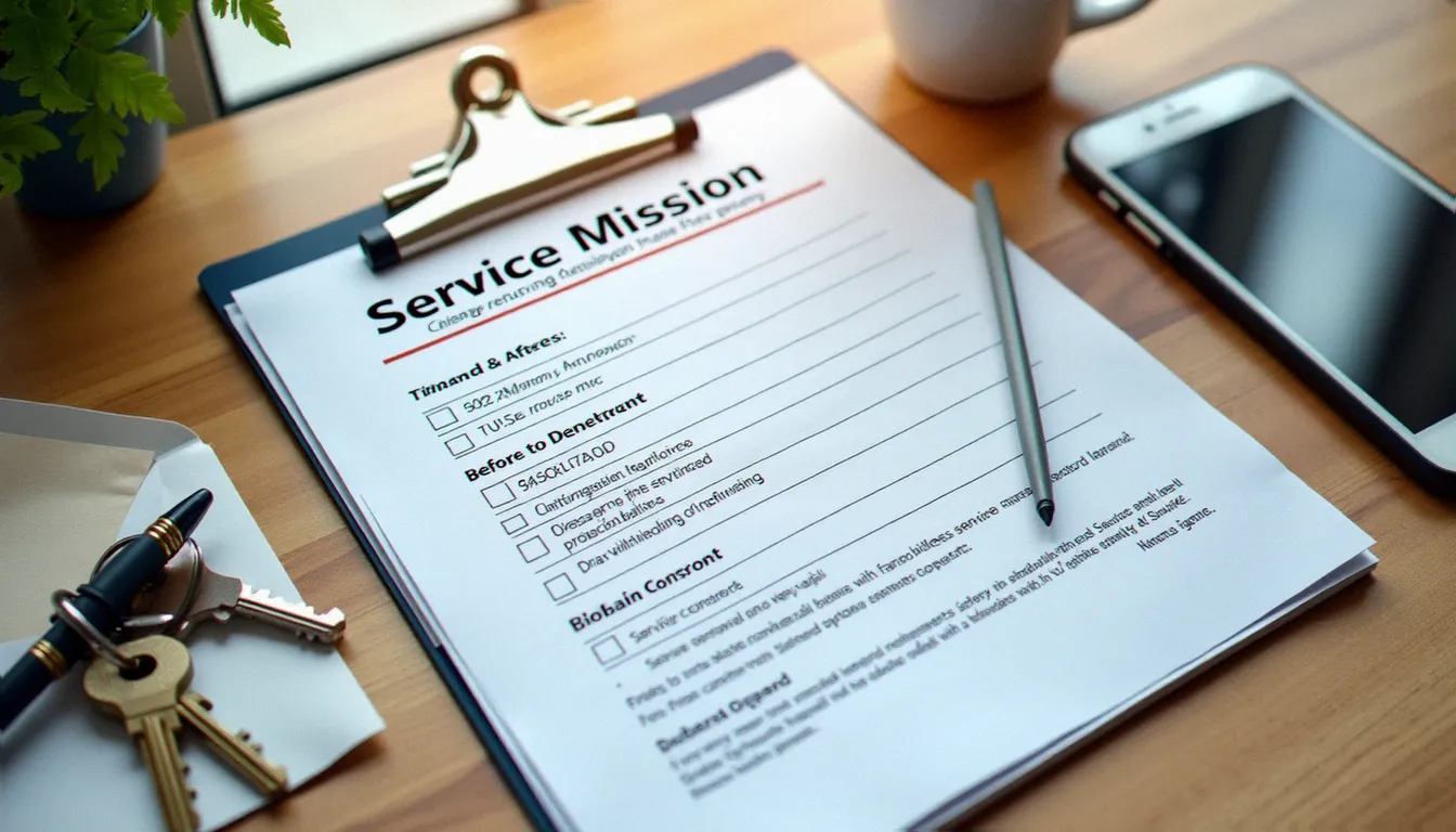 Fiche de mission et clés d'un service sans retour posées sur un bureau, illustrant le protocole de prise en charge documentée